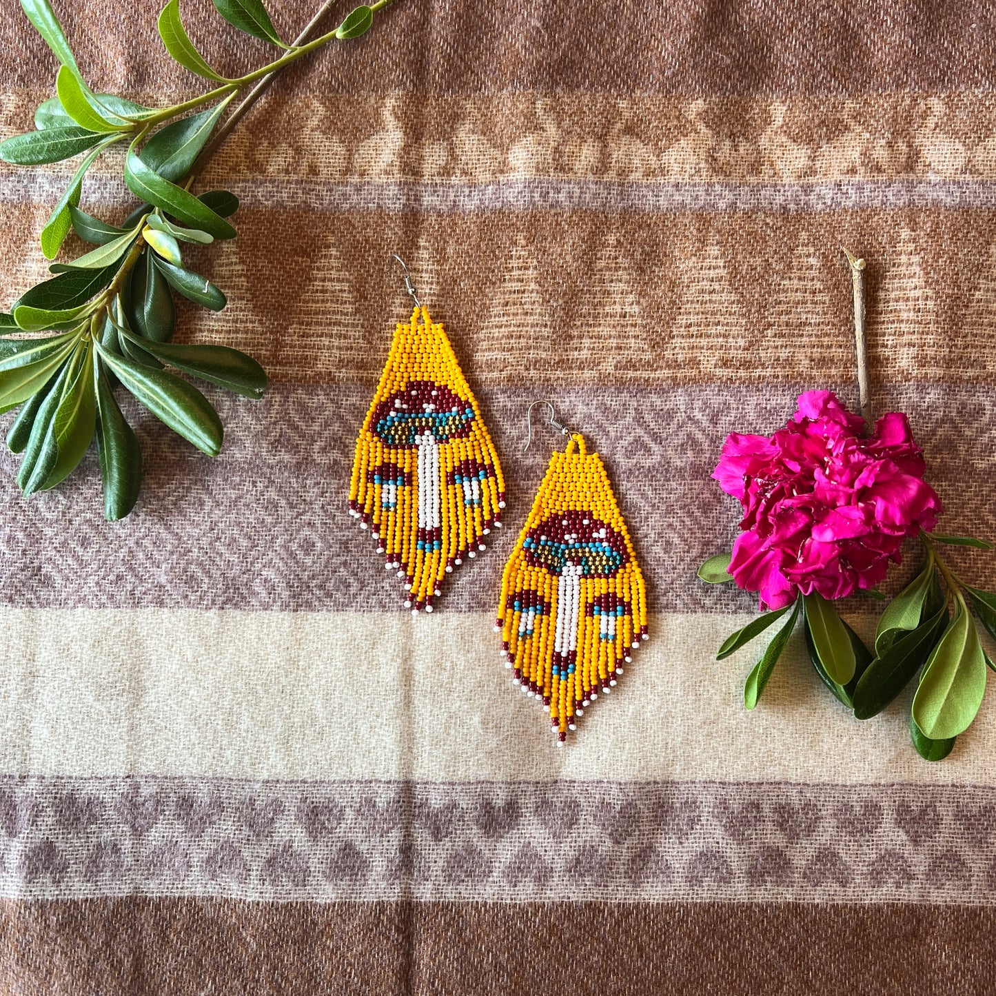 Beadwork Earrings -- Yellow Amanita