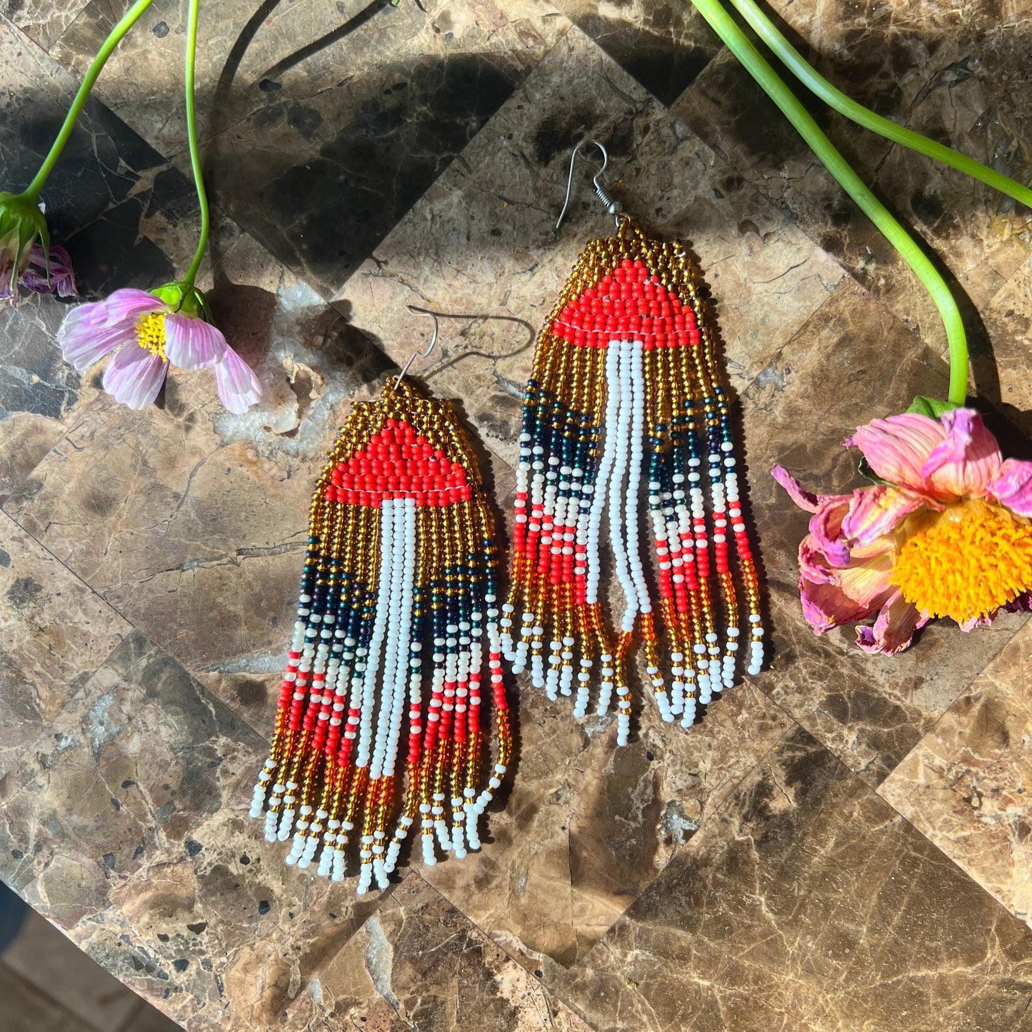 MushWOMB Beadwork Earrings -- Fire and Water