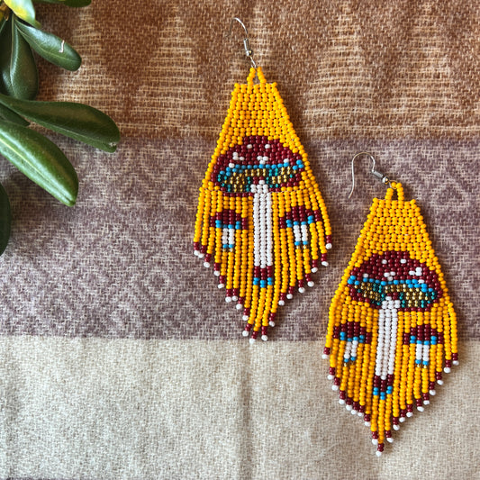 Beadwork Earrings -- Yellow Amanita