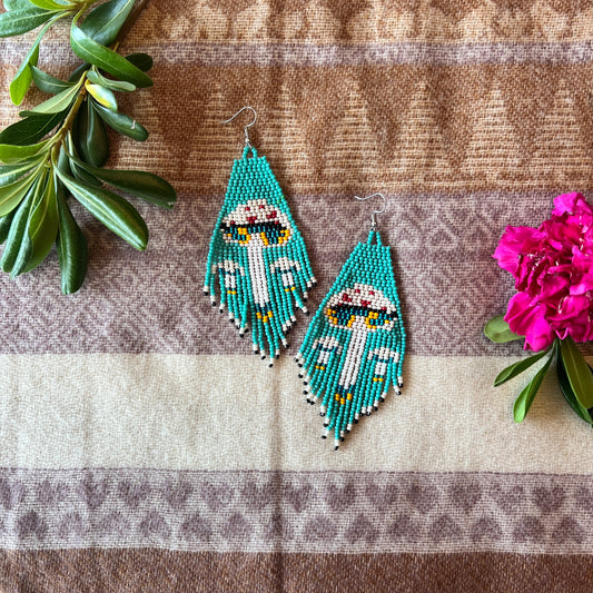 Beadwork Earrings -- Turquoise Amanita
