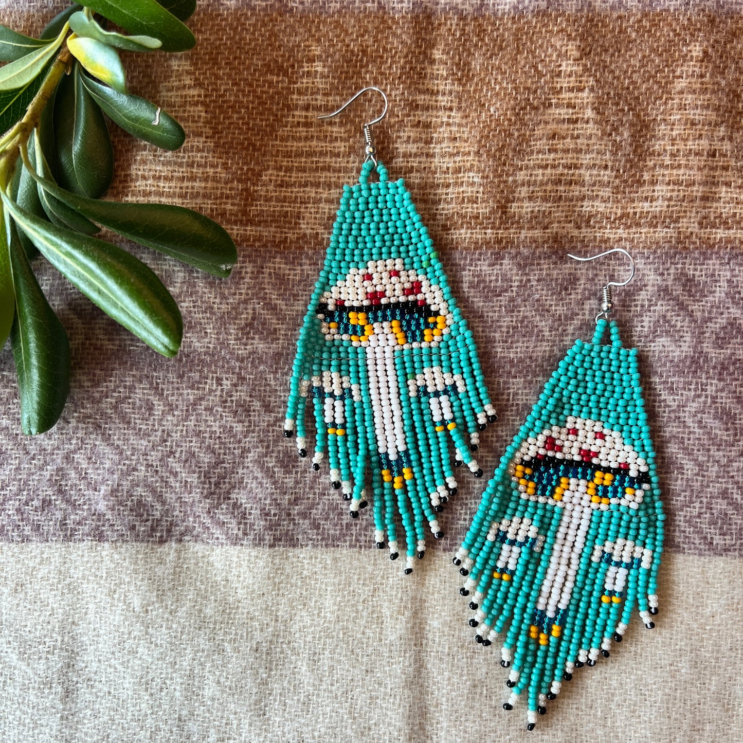 Beadwork Earrings -- Turquoise Amanita