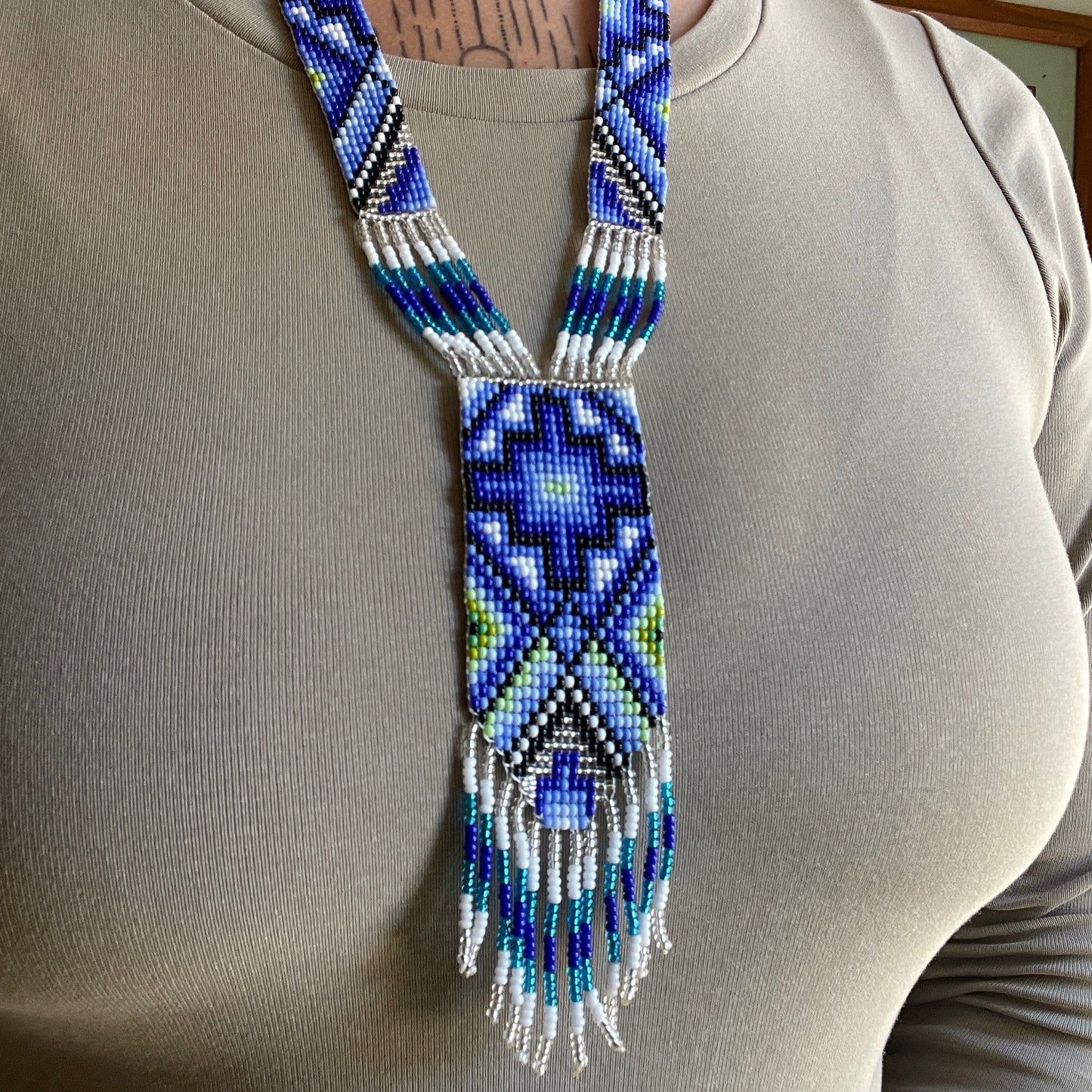 beadwork necklace -- blue and white four directions star